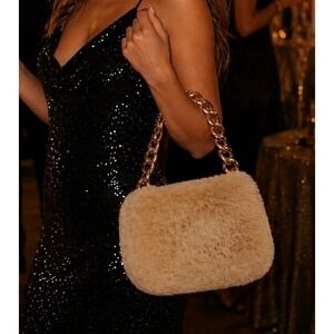 Faux Fur Gold Chain Strap Beige Plush Glam Y2K Shoulder/Handbag Bag Quiet Luxury